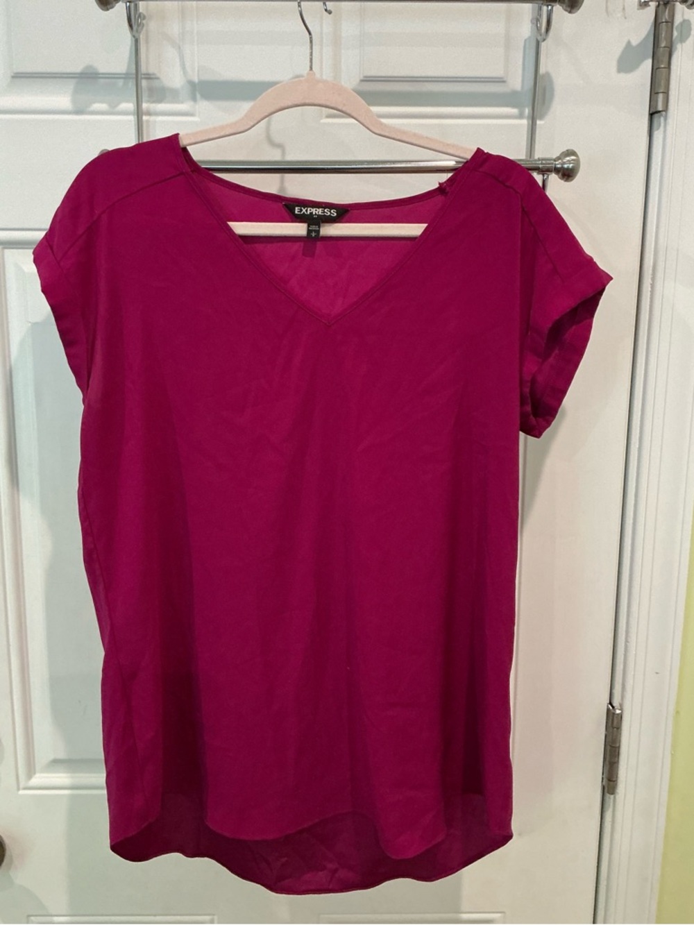 Express V-Neck Short Sleeve Blouse — Fuchsia